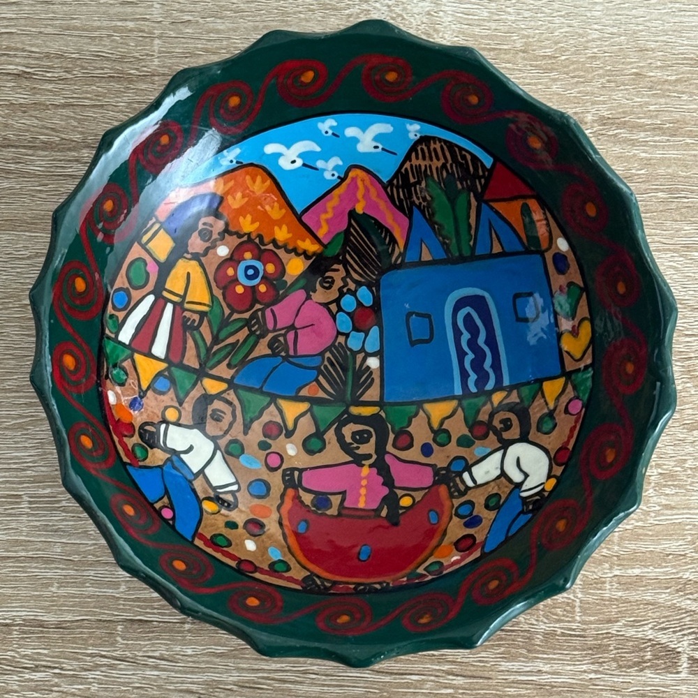 Hand Painted Colorful Mexican Red Clay Pottery Salsa Bowl Wedding Couple